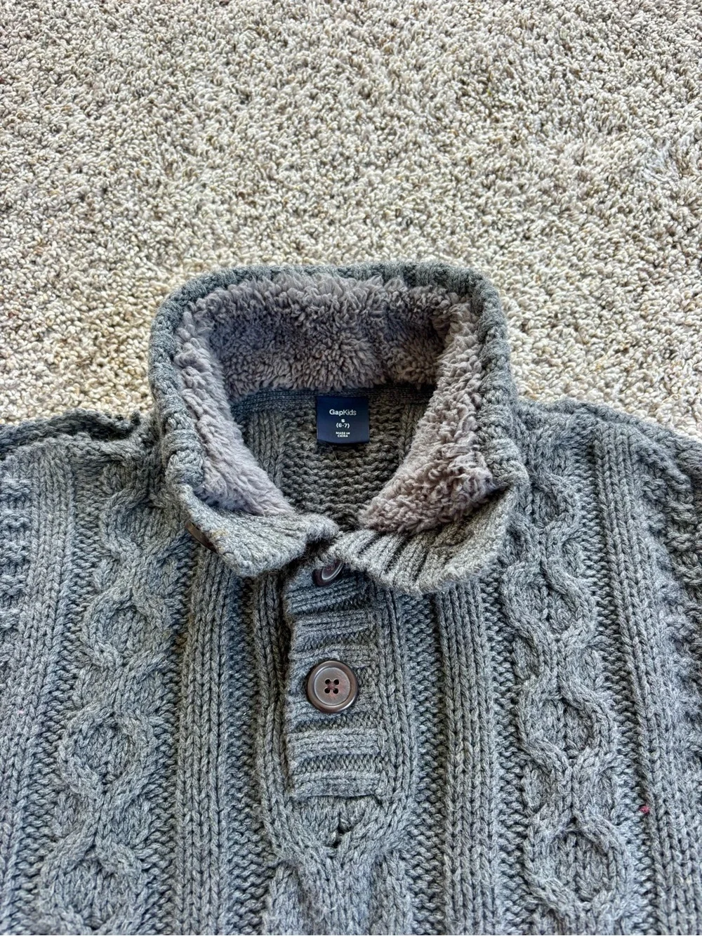 Boys gap Cable Knit Button sherpa lined neck Sweater - Gray